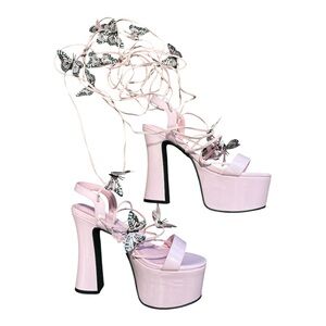 Dolls Kill Pink Platform Sandals with Floral Accents
